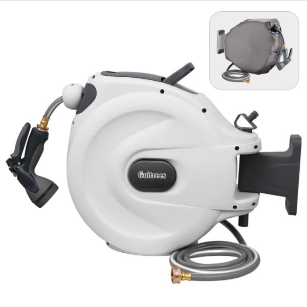 Guitrees Retractable Garden Hose Reel 1/2u201d 115FT+6FT With Cover, Slow Return System, Any Length Lock, Wall Mounted, 9 Function Nozzle and 180u00b0Swivel Bracket (Grey) - Image 8