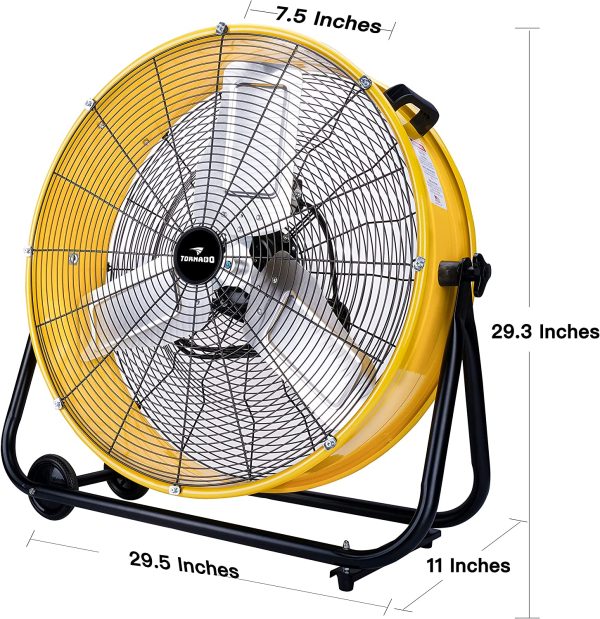 Tornado 24 Inch High Velocity Heavy Duty Tilt Metal Drum Fan Yellow Commercial， Industrial Use 3 Speed 8540 CFM 1/3 HP 8 FT Cord UL Safety Listed - Image 2