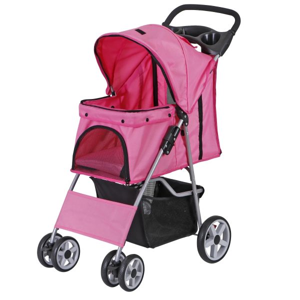 ZENSTYLE 4 Wheels Pet Stroller Foldable Carrier Strolling Cart for Cat Dog w/ Storage Basket Pink - Image 6