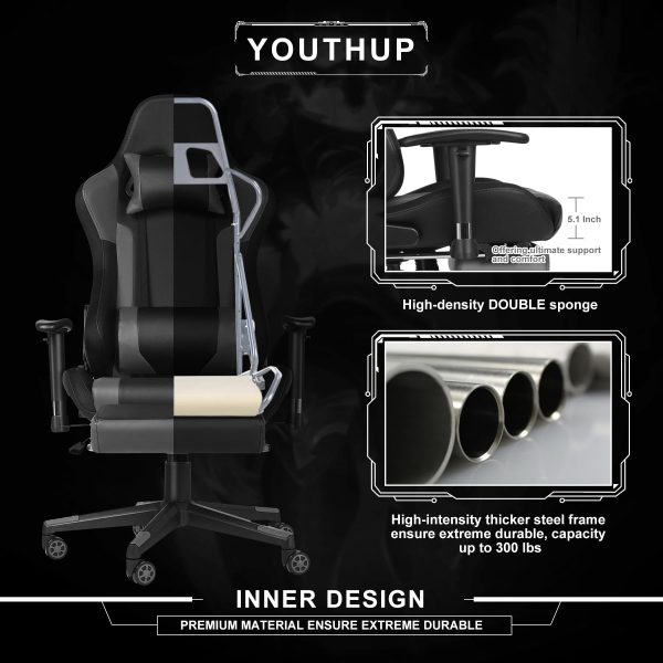 Gaming Chair with Speakers, Video Game Chair with RGB LED Lights, Footrest, Ergonomic Racing Computer Gaming Recliner Chair Swivel E-Sports Chair with Lumbar Support Headrest Armrest, Black - Image 6