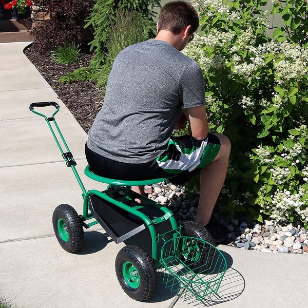 Sunnydaze Garden Cart Rolling Scooter with Extendable Steer Handle， Swivel Seat and Utility Tool Tray， Green - Image 7