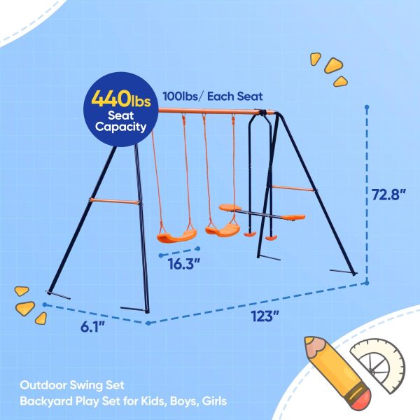 ZenSports Outdoor Double Kids Play Swing Set W/ 2 Seats & 1 Glide Heavy-Duty, 440lbs Capacity - Image 2