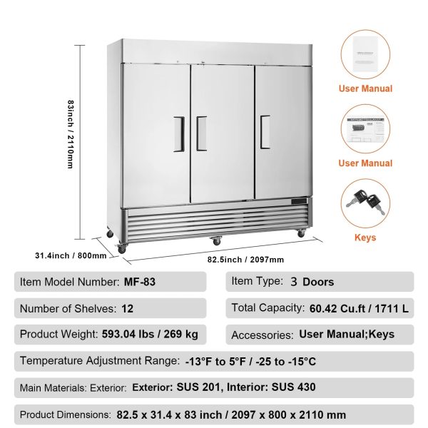 SKYSHALO Commercial Freezer 60.42 Cu.ft Reach In Upright Freezer 3 Doors 12 Shelves - Image 7