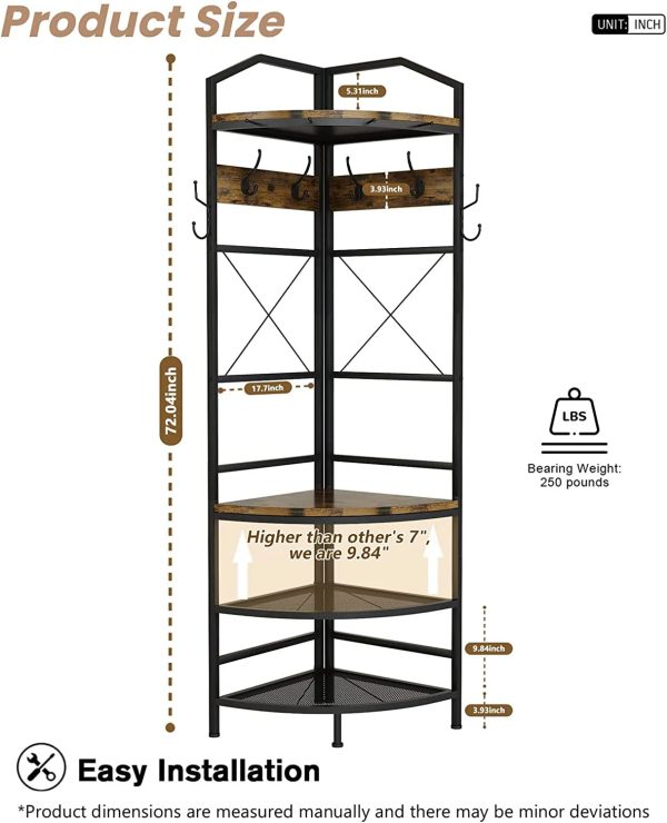 Corner Coat Rack Hall Tree with Shoe Bench Entryway Coat Rack with 6 Metal Hooks, Industrial Corner Shoe Racks Freestanding Corner Shelves Organizer Entryway Bench with Coat Rack & Storage - Image 7