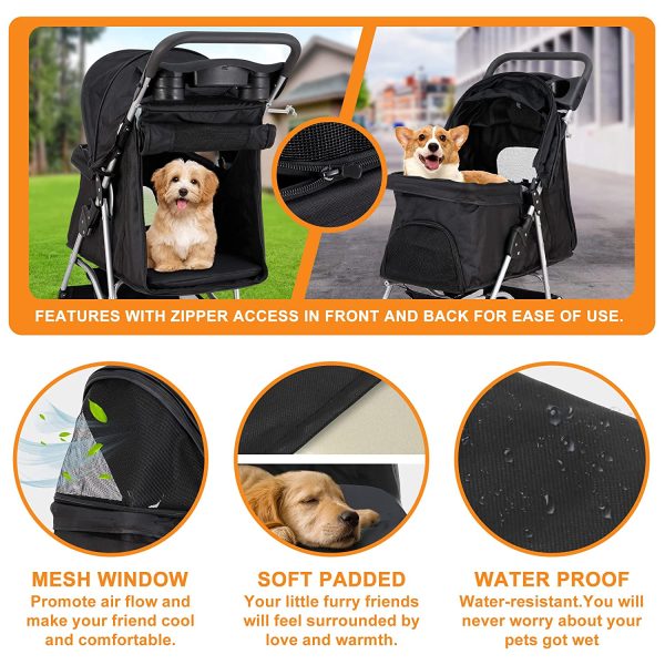 Pet Stroller 4 Wheels Dog Cat Stroller for Small Medium Dogs Cats Foldable Puppy Stroller with Storage Basket and Cup Holder - Image 6