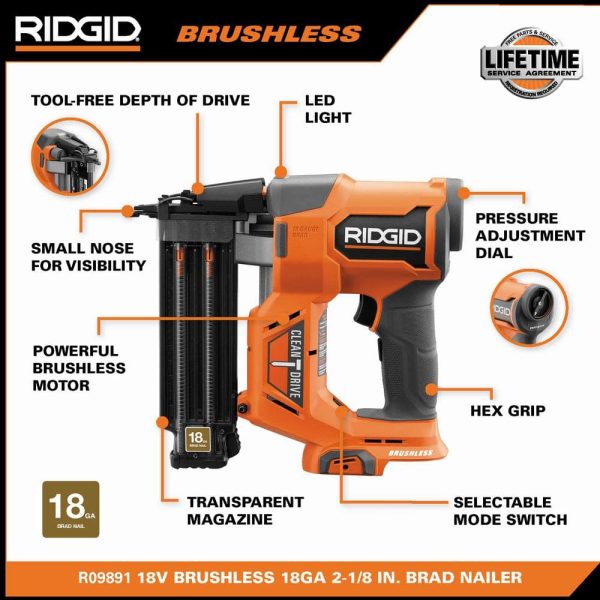 18V Brushless Cordless 18-Gauge 2-1/8 in. Brad Nailer w/ Brushless 16-Gauge 2-1/2 in Straight Finish Nailer (Tools Only) R09891B-R09892B - Image 2