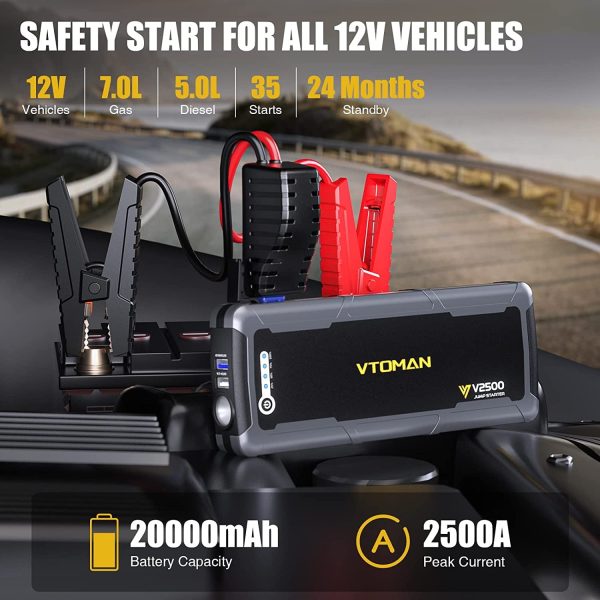 VTOMAN Car Jump Starter, Portable 2500A Peak 12V Battery Jump Starter with 3.0 Quick Charge, Powerful Battery Booster Power Pack (Up to 8.0L Gas & 6.0L Diesel Engine) - Image 2