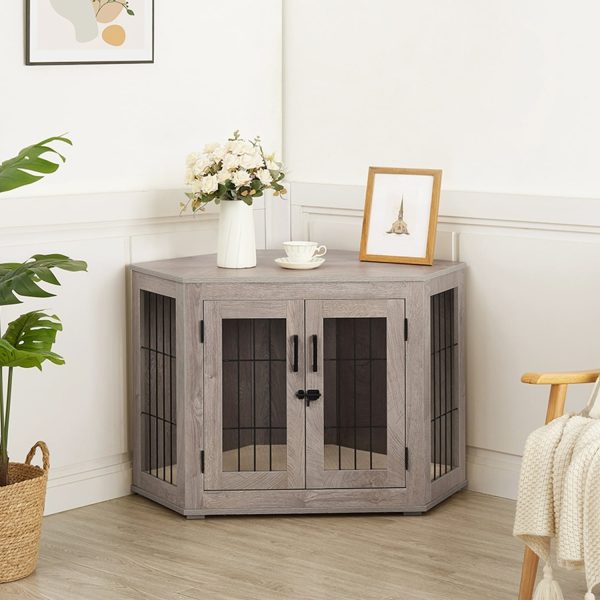 Unipaws Corner Dog Crate Furniture, Wooden Dog Kennel for Dogs Puppy, Pet Crate for Limited Room, Medium, Weathered Gray