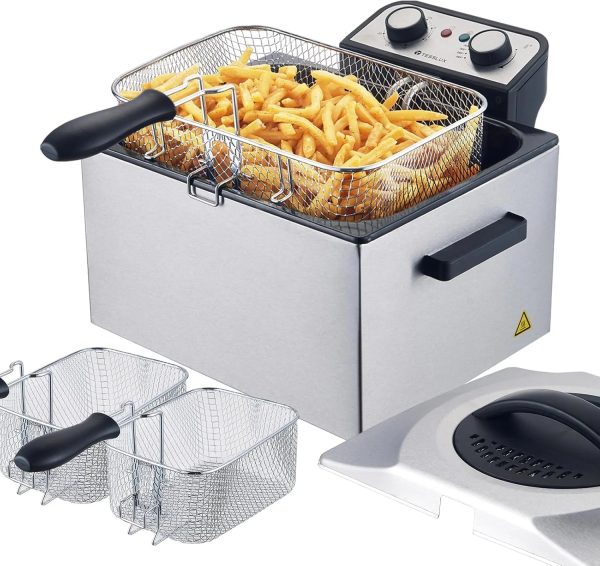 Electric Deep Fryer with Basket for Home Use, Lid with Viewing Window and Odorless Filter, Adjustable Temperature, 5.3 Quart, Stainless Steel