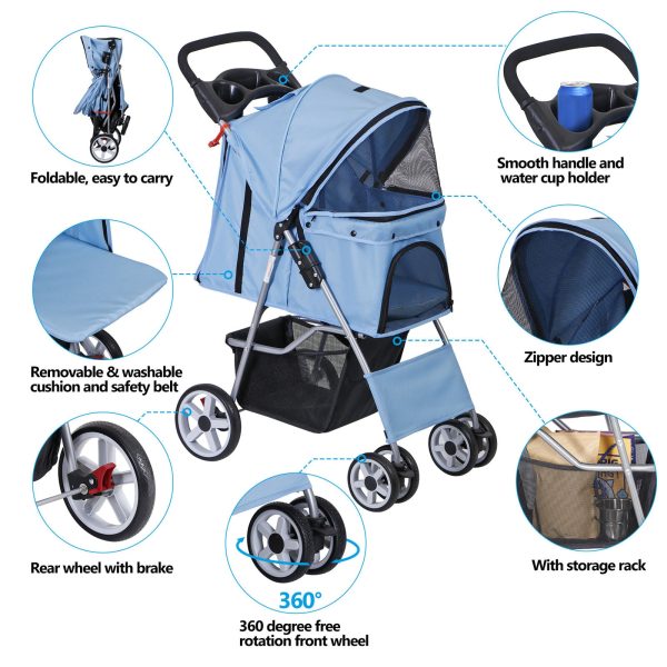 Foldable Carrier Strolling Cart 4 Wheel Pet Stroller for Cat, Dog w/ Cup Holder - Image 2