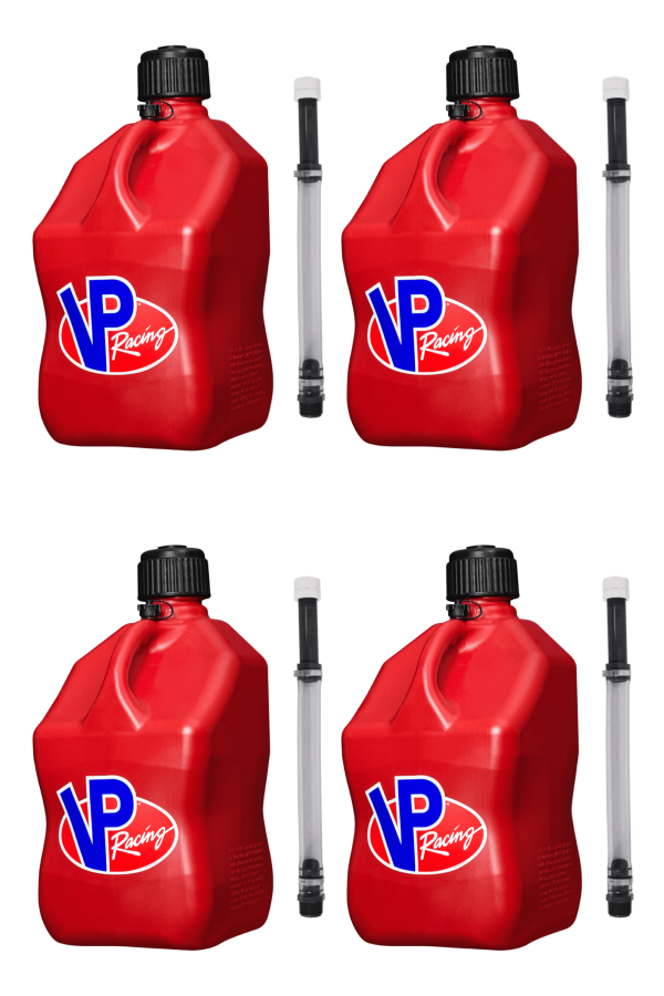 VP Racing Utility Jug 5.5 Gallon + Deluxe Hose - Mix and Match Between 11 Different Colors - Made in the USA (4 Pack, Red)