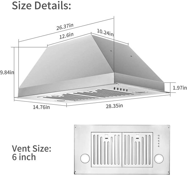 Range Hood 30 inch Insert Vent Hood 600 CFM Built-in Stainless Steel Range Hood - Image 2