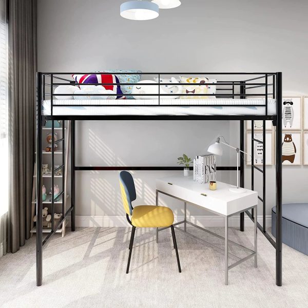 Metal Twin Loft Bed for Kids with Ladders and Safety Guard Rails Space-Saving Noise Free No Box Spring Needed Black - Image 2