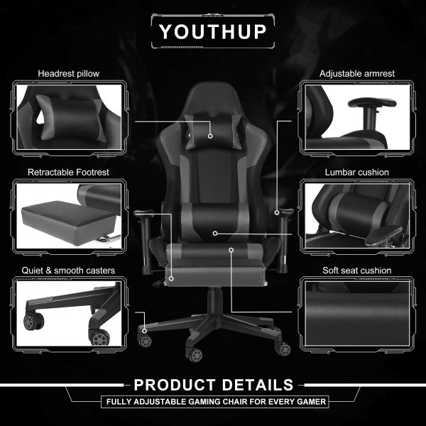 Gaming Chair with Speakers, Video Game Chair with RGB LED Lights, Footrest, Ergonomic Racing Computer Gaming Recliner Chair Swivel E-Sports Chair with Lumbar Support Headrest Armrest, Black - Image 7