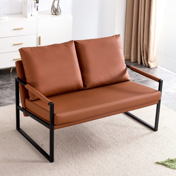 Wasait modern two-seater sofa chair with 2 pillows-PU leather, high-density foam, black coated metal frame. Brown SF-D008