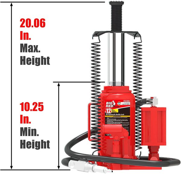 BIG RED 12 Ton Pneumatic Air Hydraulic Bottle Jack with Manual Hand Pump, Red, W9126R - Image 2