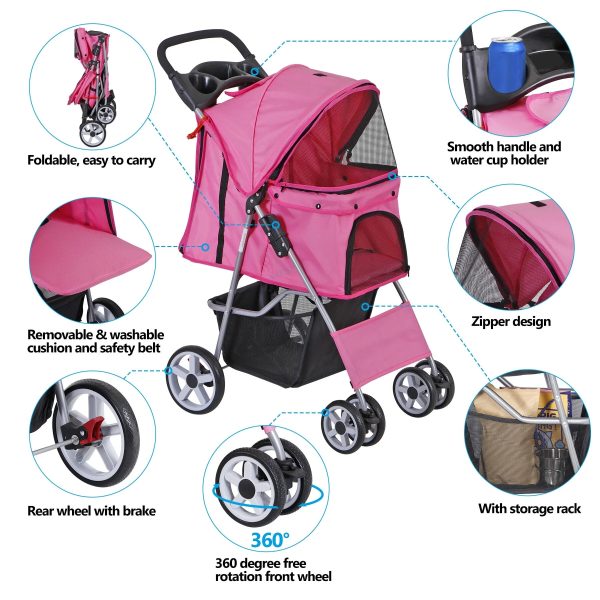 ZENSTYLE 4 Wheels Pet Stroller Foldable Carrier Strolling Cart for Cat Dog w/ Storage Basket Pink - Image 3