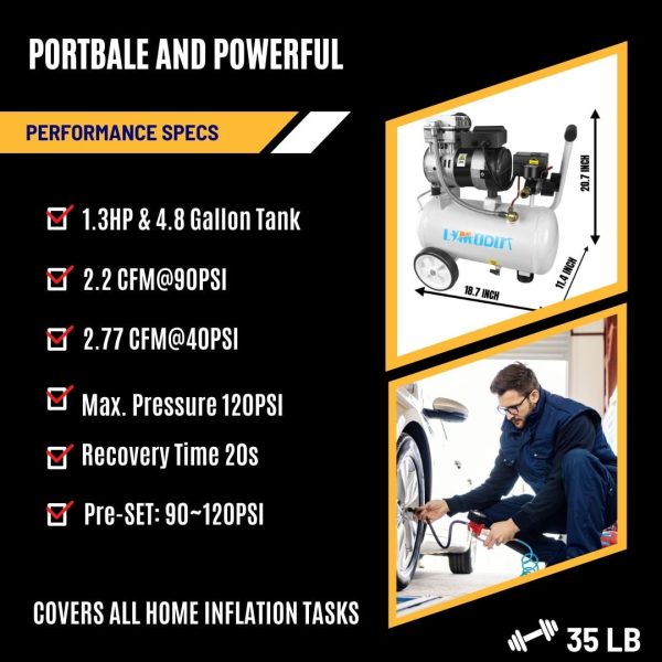 Limodot Quiet Air Compressor Portable, 70 dB, Silent and Electric for Car and Bike Tires, Nail Gun, and Pneumatic Tools, Garage, Shop, or Mechanic Accessories, 115V - Image 4