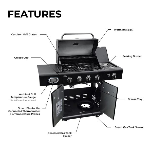 Kenmore 4-Burner Smart Gas Grill with Side Searing Burner, Black with Chrome Accents - Image 5