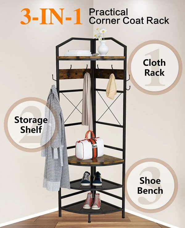 XINGAN 3-in-1 Entryway Coat Rack, Industrial Hall Tree Corner Cloth Rack with Bench Hallway Coat and Shoe Rack for Corner, Entryway Organizer with Metal Shoe Storage for Hallway, Corner, Entrance,Brow - Image 5