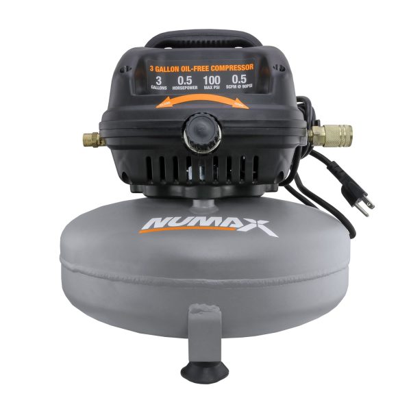 NuMax S3GI12CK 3 Gallon Oil-Free Air Compressor with Brad Nailer / Stapler, Air Hose, Inflation Kit & Fasteners - Image 3