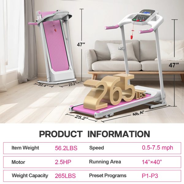 FYC Foldable Treadmills for Home, 2.5 HP, 7.5 MPH, Electric Running Treadmill Quiet Brushless Proform Treadmill for Home Gym, Running Machine with Heart Rate Sensor with LED Display (Pink) - Image 8