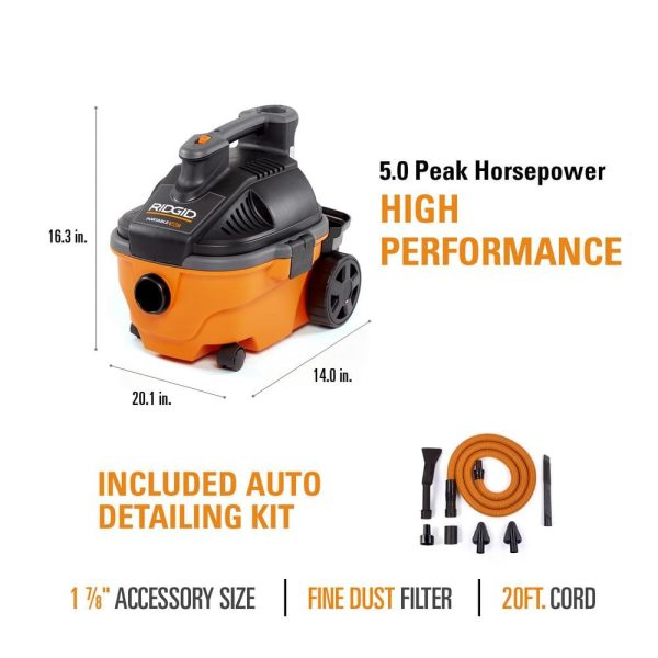 4 Gallon 5.0 Peak HP Portable Wet/Dry Shop Vacuum with Fine Dust Filter, Hose, Accessories and Premium Car Cleaning Kit WD4070C - Image 5