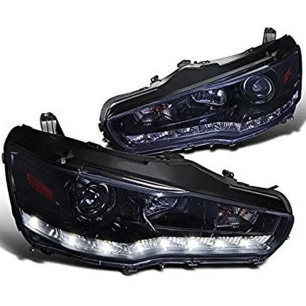 Spec-D Tuning 2LHP-EVO08G-8-TM Mitsubishi Lancer EVO X 10 Glossy Black R8 Style LED Projector Headlights