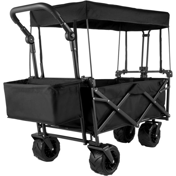 VEVORbrand Collapsible Wagon Cart Black， Foldable Wagon Cart Removable Canopy 602D Oxford Cloth， Collapsible Wagon Oversized Wheels， Portable Folding Wagon Adjustable Handles， Beach， Garden， Sports