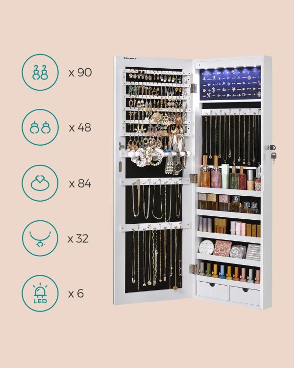 SONGMICS Hanging Mirror Jewelry Cabinet Wall or Door Mounted Jewelry Armoires with LED Interior Lights Jewelry Organizer Box Holder Full-Length Mirror White - Image 3