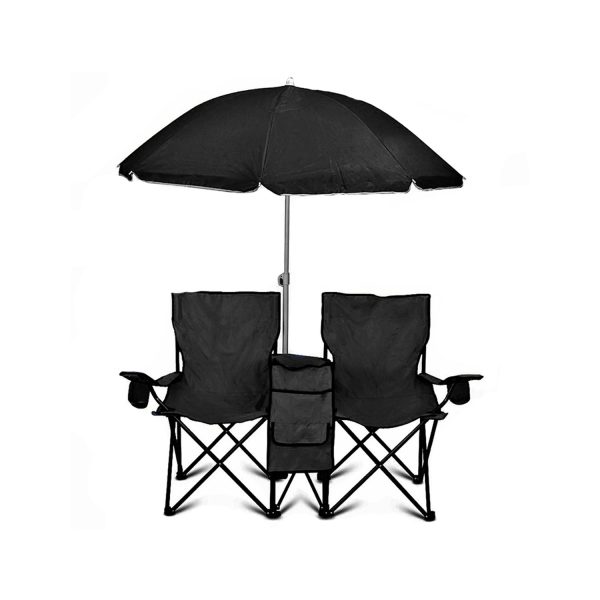 GoTeam Double Folding Camping Chair Set w/ Shade Umbrella & Cooler Bag, Black