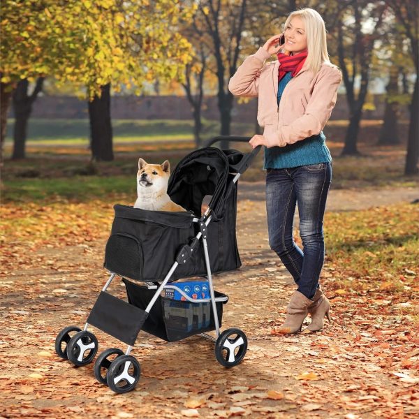 Pet Stroller 4 Wheels Dog Cat Stroller for Small Medium Dogs Cats Foldable Puppy Stroller with Storage Basket and Cup Holder - Image 2