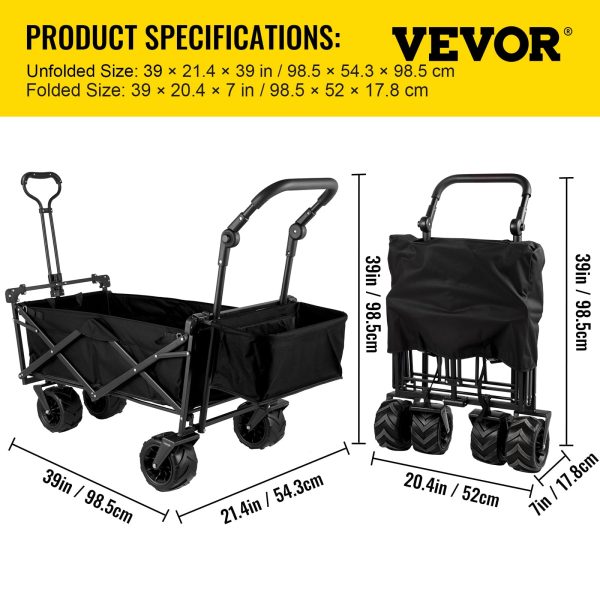 VEVORbrand Collapsible Wagon Cart Black， Foldable Wagon Cart Removable Canopy 602D Oxford Cloth， Collapsible Wagon Oversized Wheels， Portable Folding Wagon Adjustable Handles， Beach， Garden， Sports - Image 5