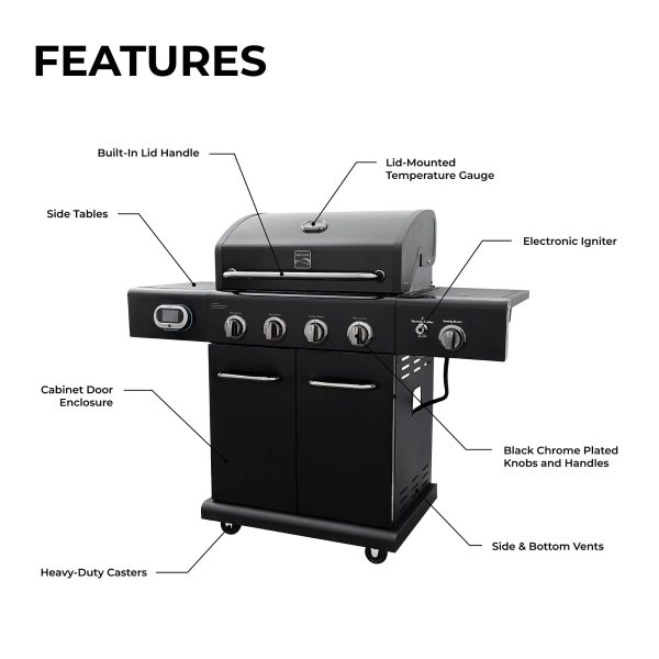 Kenmore 4-Burner Smart Gas Grill with Side Searing Burner, Black with Chrome Accents - Image 4