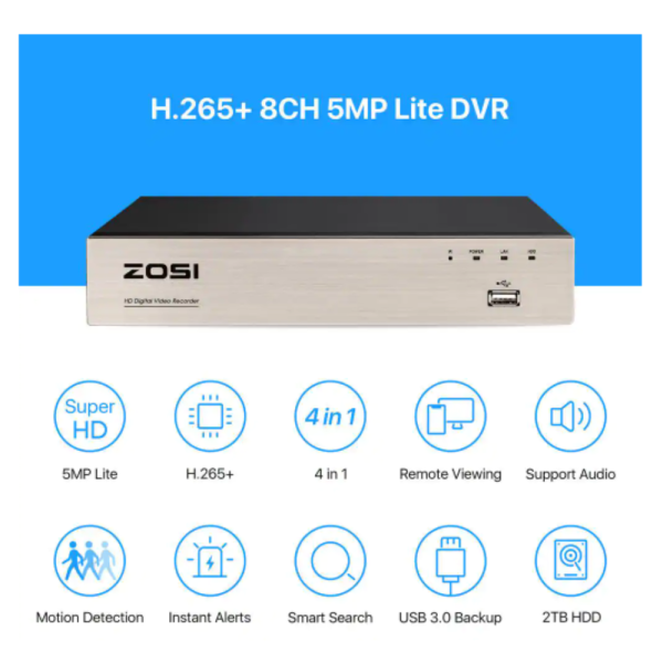 Zosi H.265+ 8-Channel 5MP-Lite 2TB Hard Drive DVR Security Camera System with 8X 1080p Wired Bullet Cameras - Image 7