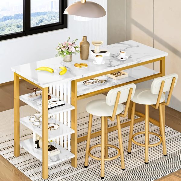 3-Piece Bar Table and Chairs Set, Modern White Faux Marble Table with 2 PU Cushion Bar Stools, Kitchen Counter with 3 Tier Storage Shelves, Space Saving Table for Home & Kitchen, Gold Frame - Image 6