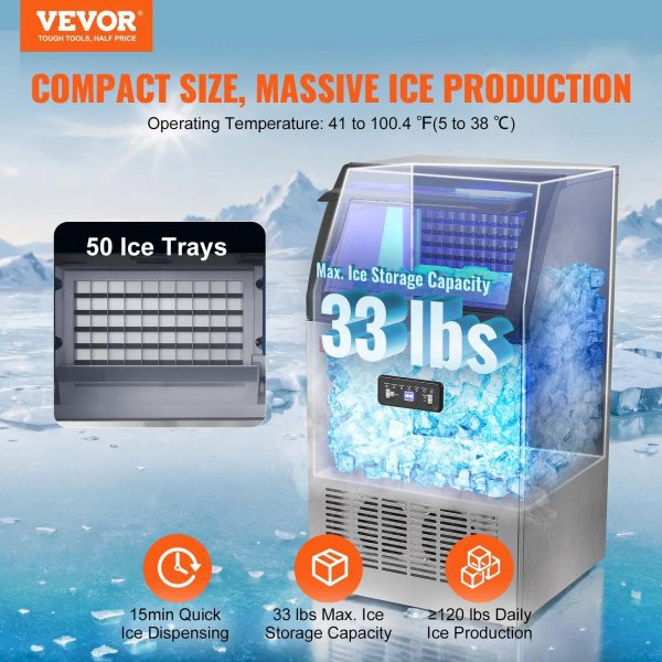 SKYSHALO 110V Commercial Ice Maker 110 lbs/24h with 24 lbs Bin, Clear Cube, LED Panel, Stainless Steel, Auto Clean, Include Water Filter, Scoop, Connection Hose, Professional Refrigeration Equipment - Image 2