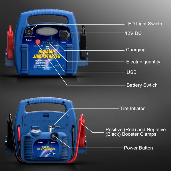 E-Ant Jump Starter with Air Compressor, 900A Peak Jump Starter, 260 PSI Tire Inflator, 12V Battery Jumper Starter Portable, Jumper Cables for Up to 6.0L Gas/4.0L Diesel Engines with DC/USB Ports-Blue - Image 3