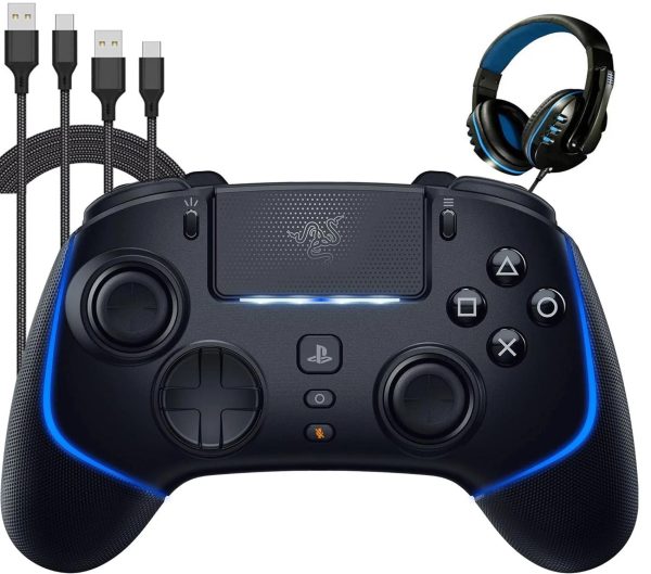 Razer Wolverine V2 Pro Wireless Controller Black HyperSpeed, Mecha-Tactile, RGB Lights for PS5 & PC With 6ft Type C Cable and Headset BOLT AXTION Bundle Like New