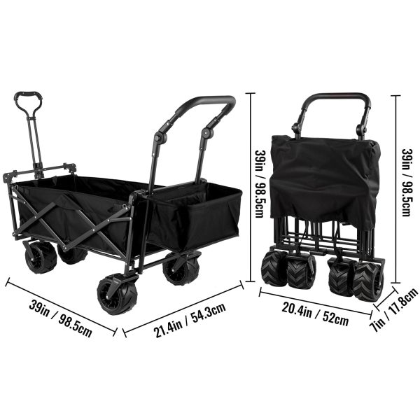 VEVORbrand Collapsible Wagon Cart Black， Foldable Wagon Cart Removable Canopy 602D Oxford Cloth， Collapsible Wagon Oversized Wheels， Portable Folding Wagon Adjustable Handles， Beach， Garden， Sports - Image 6