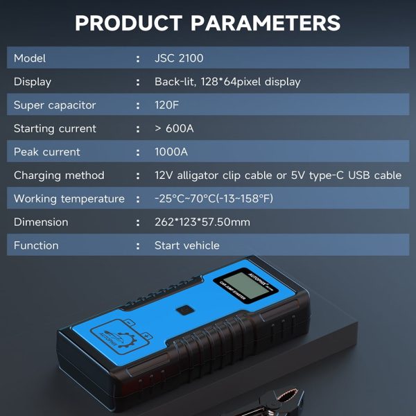 Autophix JSC2100 Super Capacitor 12V Jump Starter No Battery 10.0L Gas & 8.0L Diesel Car Battery Jump Starter Portable Power Supply for Automotives,SUVs,Motorcycles,Vans,Pickup Trucks - Image 4