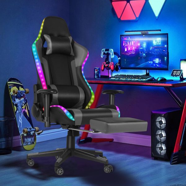 Gaming Chair with Speakers, Video Game Chair with RGB LED Lights, Footrest, Ergonomic Racing Computer Gaming Recliner Chair Swivel E-Sports Chair with Lumbar Support Headrest Armrest, Black - Image 2