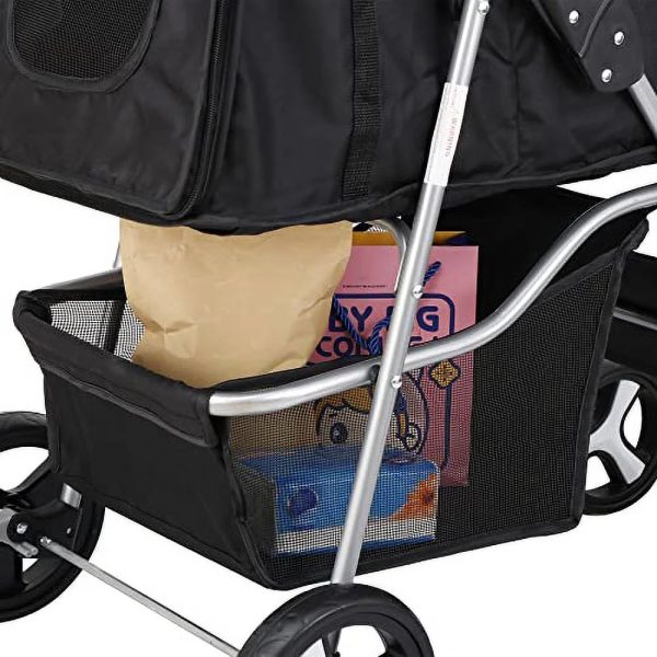 BBBuy 4 Wheels Foldable Pet Dog Cat Jogger Stroller Travel Carrier Strolling Cart w/Waterproof Cover Storage Basket Cup Holder & Removable Liner for Medium Small Cat Dog, Black - Image 4