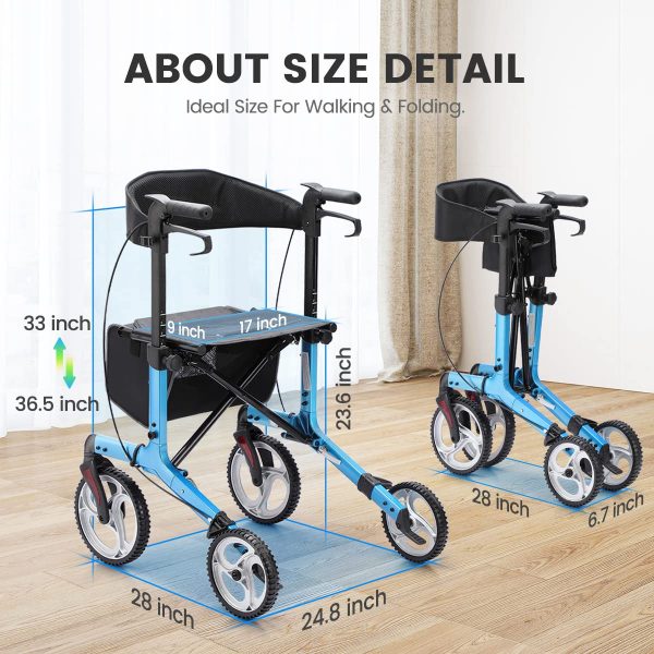 OasisSpace Lightweight Rollator Walker with Seatuff0cBlue Rollator Walker with Seat and Gear Wheels,Walker Supports up 300 lbs,Rolling Walker with Comfort Handles and Thick Backrest (Blue)) - Image 2