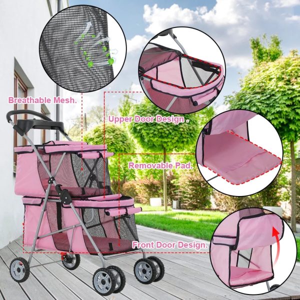 YRLLENSDAN Dog Stroller Cat Stroller Pet Carriers Bag Jogger Stroller for Small Medium Dogs Cats Travel Camping 4 Wheels Lightweight Waterproof Folding Crate Stroller with Soft Pad (Pink) - Image 5