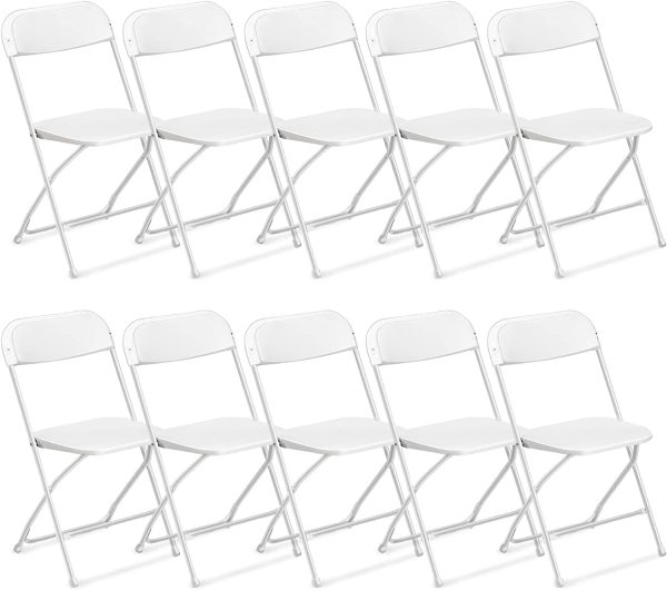 VINGLI 10 Pack White Plastic Folding Chair， Indoor Outdoor Portable Stackable Commercial Seat with Steel Frame 350lb. Capacity for Events Office Wedding Party Picnic Kitchen Dining