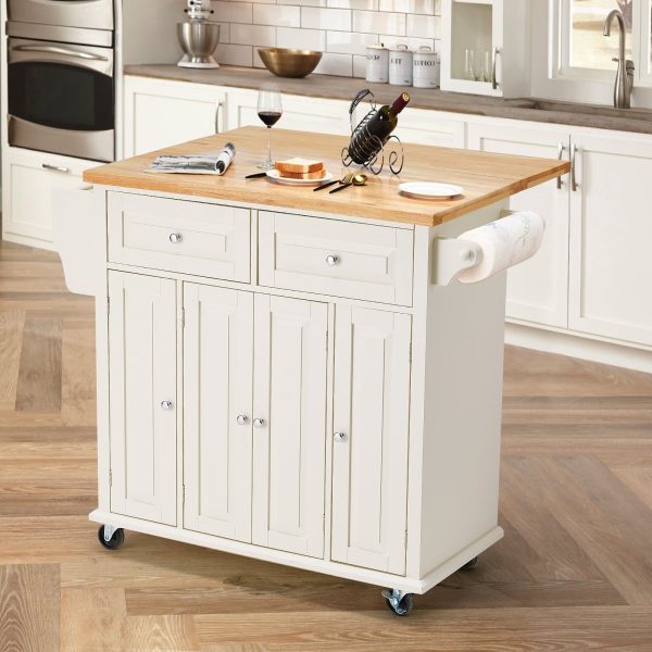 Rolling Kitchen Island Cart with Storage�� Kitchen Cart with Drop-Leaf Rubber Wood Tabletop�� Lockable Wheels�� Trolley Cart Utility Cabinet�� Towel Rack�� Spice Rack Off-White - Image 8