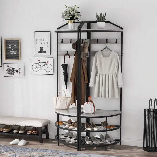 SQRTYVG TUIONMJ Modern Black Entryway Corner Hall Tree with Shoe Bench Entryway Coat Rack with 10 Metal Movable Hooks Wooden TUIONMJ Shoes TUIONMJ Organizer for Home Office Bedroom (Black - Image 3