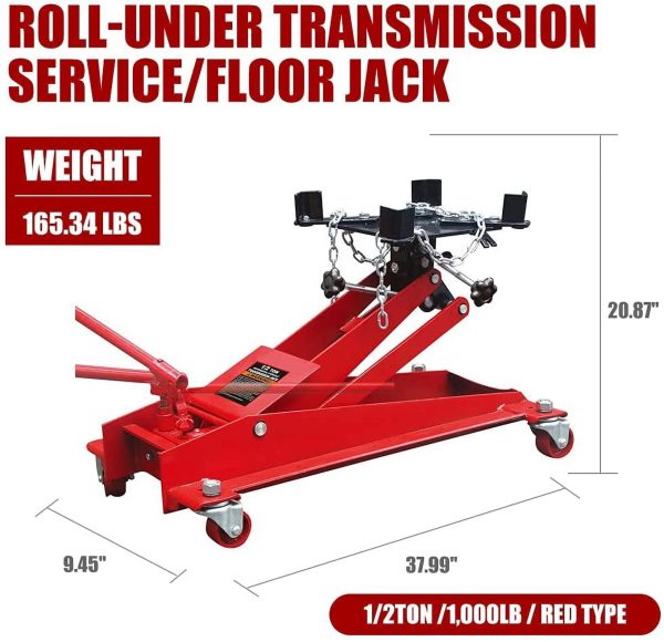 HPDAVV 1/2 Ton (1,000 lb) Capacity Hydraulic Roll-Under Transmission Service/Floor Jack, Red - Image 4