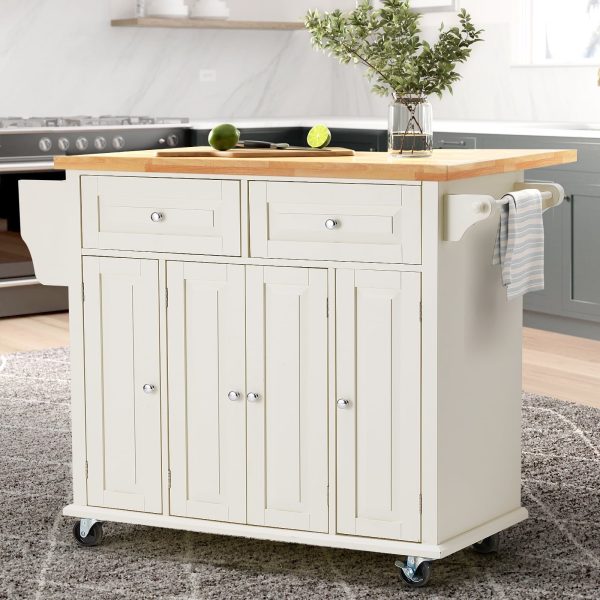 Rolling Kitchen Island Cart with Storage�� Kitchen Cart with Drop-Leaf Rubber Wood Tabletop�� Lockable Wheels�� Trolley Cart Utility Cabinet�� Towel Rack�� Spice Rack Off-White - Image 9